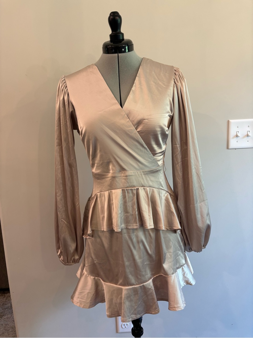 Altar'd State Champagne Satin Wrap Peplum Long-Sleeve Dress 0261
